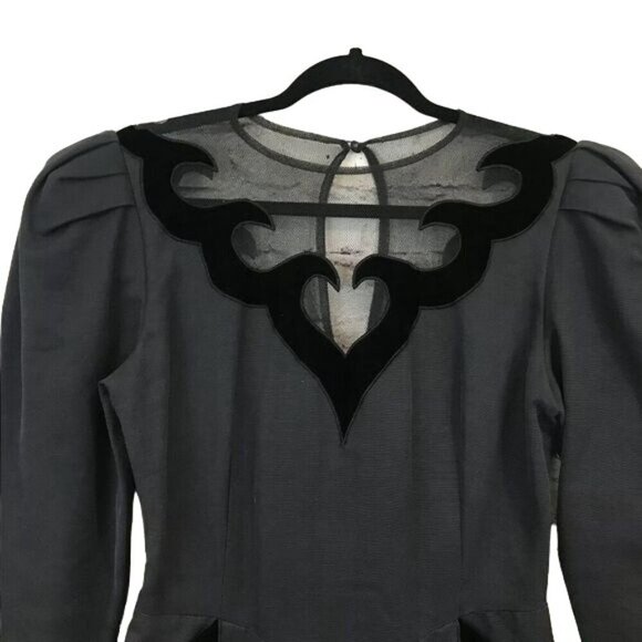 Isabel Allard Size 12 1980s Velvet Trim Puff Sleeve Tulip Dress Semi Sheer - Picture 2 of 8